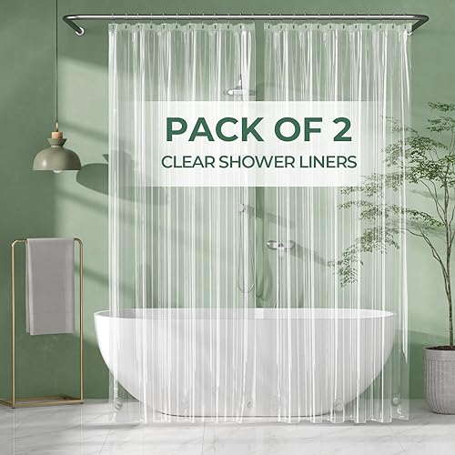 AmazerBath Shower Curtain Liner 2 Pack, 72 x 96 Inches Extra Long PEVA Plastic Shower Liner with 3 Weighted Stones and 12 Rustproof Metal Grommet, Lightweight Waterproof Shower Curtain - Clear