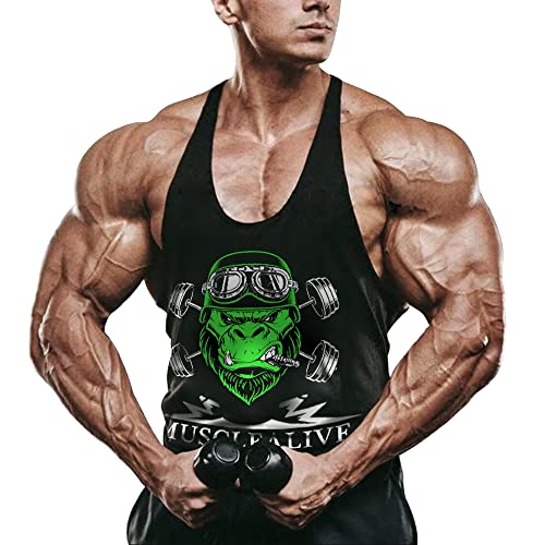 Mens Stringer Gym Bodybuilding Tank Tops Cotton for Workout with Arch Hem Black XL