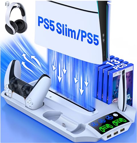 PS5 Stand for PS5 Slim Disc Digital, PS5 Cooling station and Controller Charging Station for Playstation 5 Accessories with 3 Levels Cooling Fan, 3 USB Hub, Headset Holder, 13 Game Slots, Media Slot
