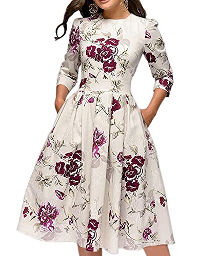 Simple Flavor Women's Floral Vintage Dress Elegant Autumn Midi Evening Dress 3/4 Sleeves (Beige, XXL)
