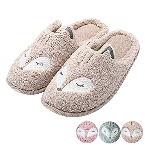 Tuiyata Cute Animal Slippers for Women Mens Winter Warm Memory Foam Cotton Home Slippers Soft Plush Fleece Slip on House Slippers for Girls Indoor Outdoor Shoes Beige