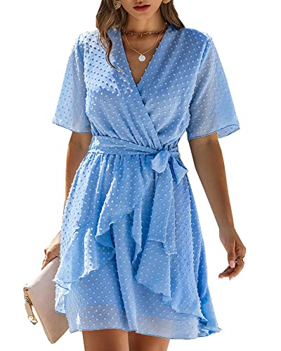 BTFBM Women 2023 Fashion Faux Wrap V-Neck Dresses Short Sleeve High Waist Belt Swing Ruffle Hem Aline Summer Short Dress(Light Blue, XX-Large)