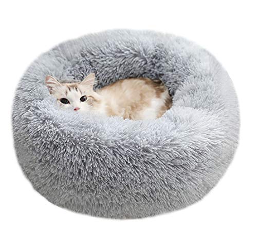 BODISEINT Modern Soft Plush Round Pet Bed for Cats or Small Dogs, Mini Medium Sized Dog Cat Bed Self Warming Autumn Winter Indoor Snooze Sleeping Cozy Kitty Teddy Kennel (24'' D x 8'' H, Light Grey)