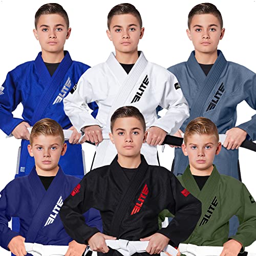 Elite Sports Kids BJJ GI, Youth IBJJF Children’s Brazilian Jiujitsu Gi kimono W/Preshrunk Fabric & Free Belt (Premium Black, C000)