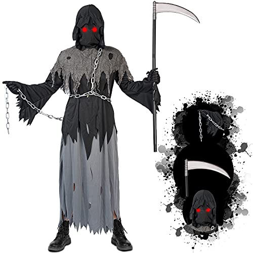 Grim Reaper Halloween Costume with Glowing Red Eyes for Kids, Scythe Included (Gray, X-Large)