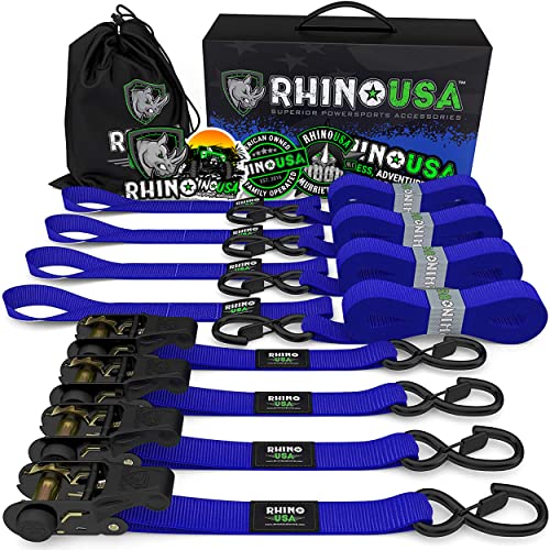 Rhino USA Ratchet Tie Down Straps (4PK) - 1,823lb Guaranteed Max Break Strength, Includes (4) Premium 1' x 15' Rachet Tie Downs with Padded Handles. Best for Moving, Securing Cargo (Black 4-Pack)