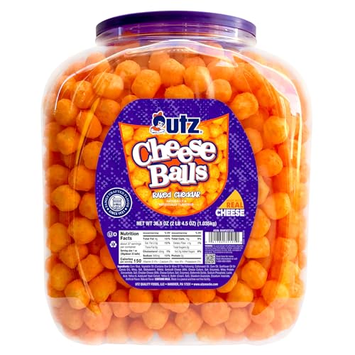 Utz Cheese Balls Barrel, Tasty Snack Baked with Real Cheddar Cheese, Delightfully Poppable Party Snack, Gluten, Cholesterol and Trans-Fat Free, Kosher Certified, 36.5 Oz