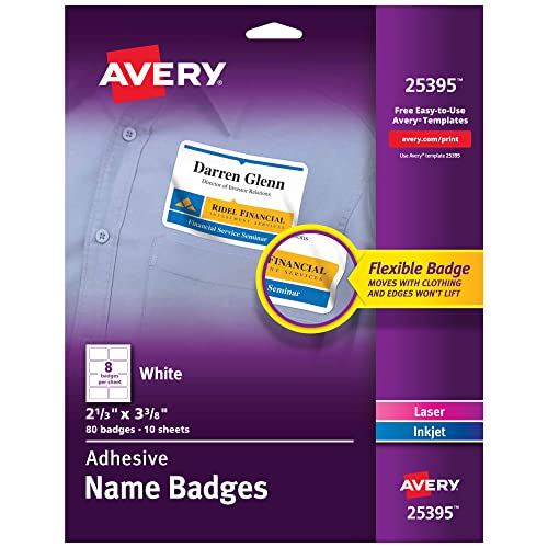 Avery Flexible Name Tag Stickers, White Rectangle Labels, 80 Name Badges, 2-1/3' x 3-3/8' (25395)