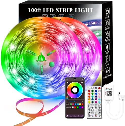 100FT Smart LED Strip Lights (2 Rolls of 50ft), RGB Strip Lights Sync to Music with 40 Key Remote Controller LED Lights for Bedroom,Christmas Lights decration (Multi-Colored, 100FT)