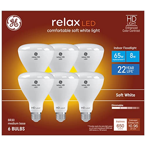 GE Relax 6-Pack 65 W Equivalent Dimmable Soft White Br30 LED Light Fixture Light Bulb 22 Year Life