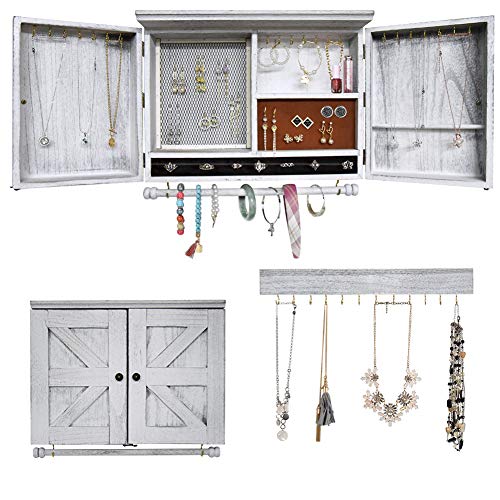 MULIFEE Rustic Wall Mounted Jewelry Organizer,Vintage Wooden Hanging Jewelry Holder Box with Barndoor Decor for Necklaces, Earings, Bracelets, Rings, Accessories. Includes Hook Organizer