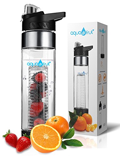 NEW AquaFrut Bottom Loading Fruit Infuser Water Bottle - BPA Free Tritan Plastic - Leak Proof - 24 OZ - Infusion Recipe eBook (Black)