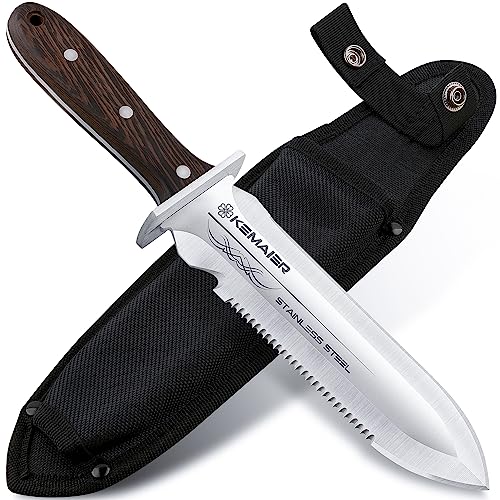 Kemaier Hori Hori Knife, Sharp Garden Knife with 6.3 Inch Serrated Edge, Heavy Duty Stainless Steel Weeding Knife with Oxford Sheath, Multi-Purpose Garden Tool for Weeding Digging Cutting Planting