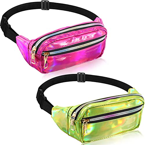 2 Pieces Fanny Pack Shiny Holographic Rave Cute Fanny Pack Waterproof Neon Waist Bags Adjustable for Women Festival Party Travel Hiking Outdoor Activities (Rose Red, Fluorescent Green, Medium)