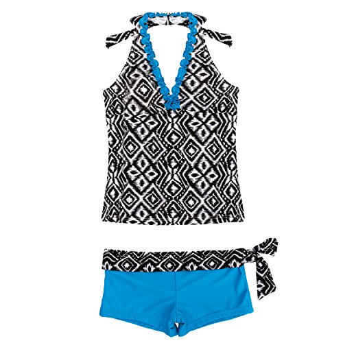 TiaoBug Girls 2Pcs Halter Geometric Pattern Tankinis Swimsuit (9-10, Blue)