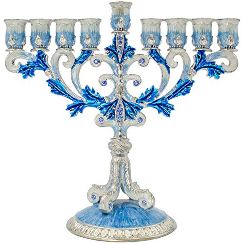 Enameled Metal Menorah with Jeweled Accents (Hand-Painted Enamel Menorah Blue/White/Silver)