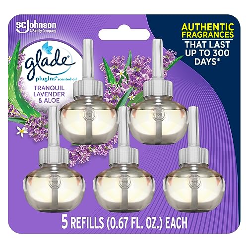 Glade PlugIns Refills Air Freshener, Scented and Essential Oils for Home and Bathroom, Tranquil Lavender & Aloe, 3.35 Fl Oz, 5 Count
