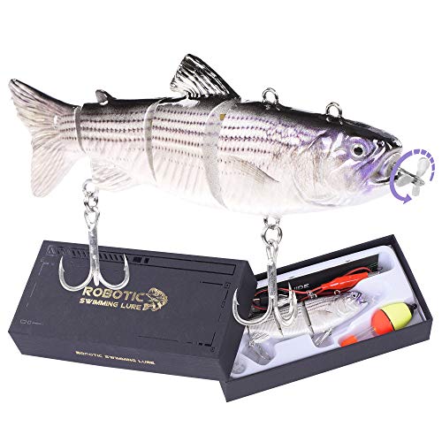 Robotic Swimming Fishing Electric Lures 5.12' USB Rechargeable LED Light Wobbler Multi Jointed Swimbaits Hard Lures Fishing Tackle (Hybrid Striped Shad)