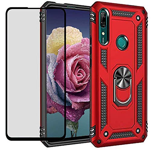 DuoLide for Huawei P Smart Z / Y9 Prime 2019 Case with Tempered Glass Screen Protector,Hybrid Heavy Duty Dual Layer Anti-Scratch Shockproof Defender Kickstand Case Cover, Red