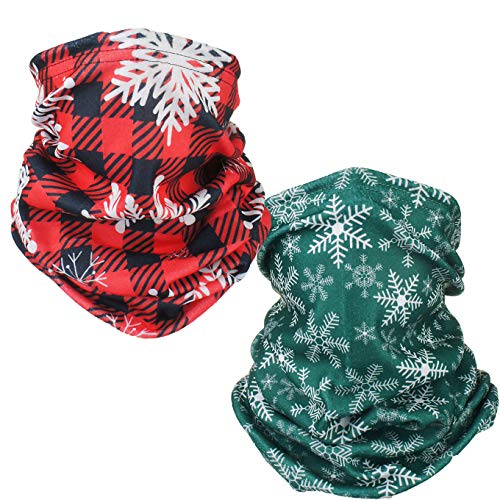 2 Pack Winter Neck Warmer Gaiter Ski Fleece Warm Windproof Face Scarf Cover Mask for Snowboard Green Snowflake and Buffalo Plaid Red Black
