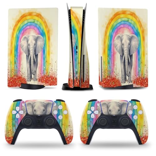 Buyidec Baby Elephant Spraying Rainbow PS5 Skin Console and Controller Accessories Cover Skins Anime Vinyl Cover Sticker Full Set for Playstation 5 Disc Edition