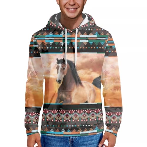 Xoenoiee Aztec Native American Horse Print 3D Graphic Print Hoodie Casual Hoodies for Boy Men Fall Winter Pullover Hoodie with Pocket Long Sleeve Casual Sweatshirt for Daily, Size 6XL