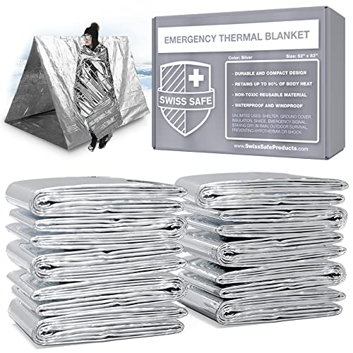 Swiss Safe Emergency Mylar Thermal Blankets, Designed for NASA, Outdoors, Survival, First Aid, Silver, 10 Pack