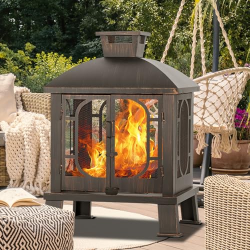 Panovue 45' H×31''W Metal Chiminea Fire Pit with Grill, Wood Burning Fire Pits for Outside,Square Chimineas Fireplace with Mesh Spark Screen Door& Fire Poker for Garden,Yard,BBQ,Bonfire