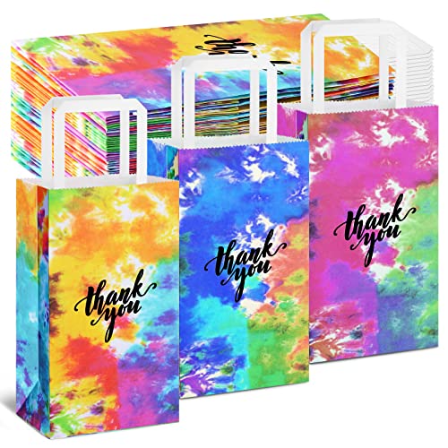 Gueevin 18 Pieces Tie Dye Gift Bags Tie Dye Party Favor Bags Tie Dye Party Supplies Thank You Paper Bags Tie Dye Goody Bags with Handles, Retro Theme Party, Celebration, Birthday Party and Weddings