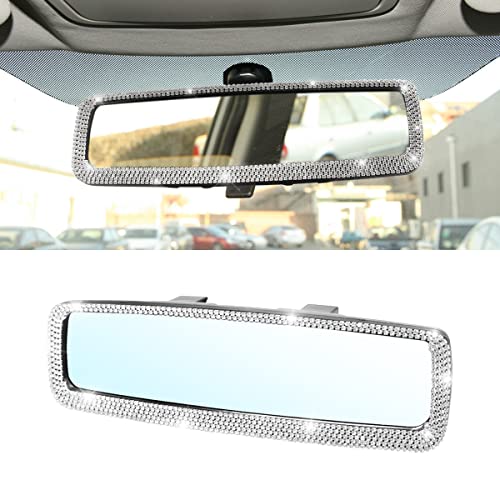 Bling Car Rear View Mirror, Rhinestones Crystal Clip-on Rearview Mirror with HD Glass, Compatible with Most Cars, SUVs, Vehicles, Auto Interior Accessories for Women Girl (White)