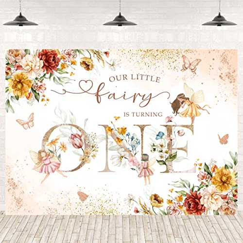 Fairy 1st Birthday Backdrop for Girls Magical Tea Wonderland Floral Garden First Birthday Party Background Decorations Girl Wildflower Happy Birthday Party Banner Supplies 7x5ft