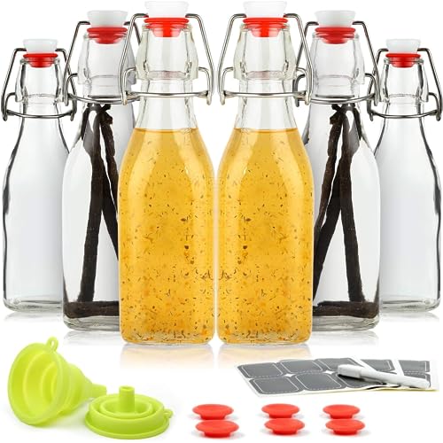 WILLDAN Set of 12-8.5oz Swing Top Glass Bottles - Flip Top Brewing Bottles For Kombucha, Kefir, Vanilla Extract, Beer - Airtight Caps and Leak Proof Lids, Bonus Gaskets and Funnel