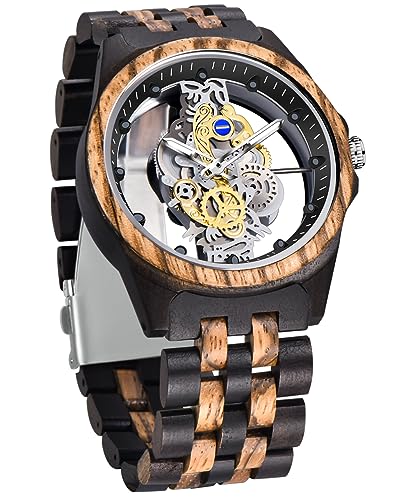 Dentily Men's Hollow Analog Wooden Watch Retro Gear Carving Design Transparent Dial Quartz Watch for Men