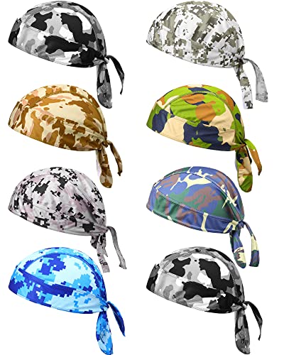 Foaincore 8 Pack Do Rag Skull Caps for Men Sweat Wicking Doo Rags Cooling Helmet Liner Cycling Motorcycle Bandana (Camouflage Style)