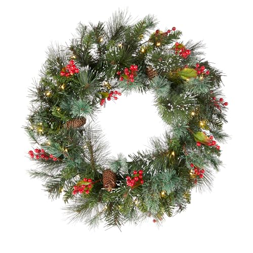 National Tree Company Pre-Lit Artificial Christmas Wreath, Green, Wintry Pine, White Lights, Decorated with Pine Cones, Berry Clusters, Frosted Branches, Christmas Collection, 24 Inches