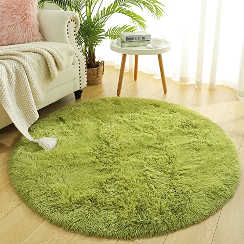 Chicrug Fluffy Round Area Rugs for Girls Bedroom, 4x4 Feet Shaggy Circle Area Rug for Living Room, Soft Fuzzy Carpets for Princess Room, Cute Rug Kids Circular Playmats for Baby Nursery Home, Green