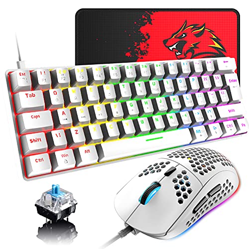 60% Wired Mechanical Gaming Keyboard and Mouse Combo, Ultra-Compact Mini 62 Keys Type C Chroma 20 Rainbow Backlit Effects,RGB Backlit 6400 DPI Lightweight Gaming Mouse with Honeycomb Shell for PC/Mac