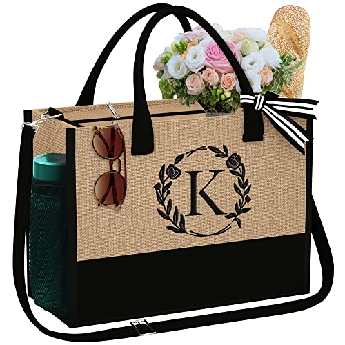 YOOLIFE Birthday Gifts for Women - K Initial Jute Tote Bag Gifts Friends Female Teacher Appreciation Gifts Travel Beach Bag Personalized Bridesmaid Wedding Mothers Day Graduation Gifts for Her Women