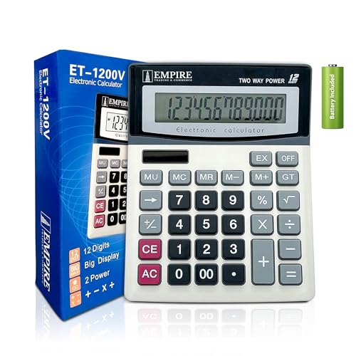 Empire Desk Calculator with Large Key Buttons, 12 Digits, Large Eye-Angled Display, Solar and Battery Powered for Home and Office (Battery Included)