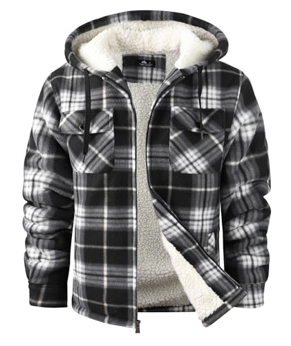 Minfunttu Men's Hooded Flannel Jackets Zip Up Plaid Shirt Jacket for Men Heavy Sherpa Lined Jacket