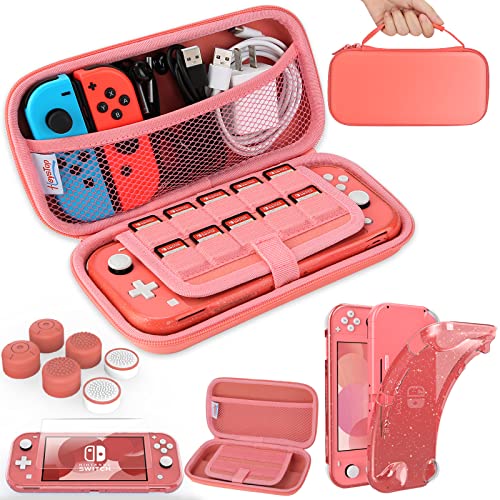 HEYSTOP Compatible with Switch Lite Carrying Case, Switch Lite Case with Soft Glitter TPU Protective Case Games Card 6 Thumb Grip Caps for Nintendo Switch Lite Accessories Kit(Pink)