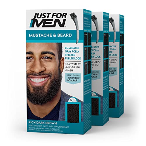 Just For Men Mustache & Beard, Beard Dye for Men with Brush Included for Easy Application, With Biotin Aloe and Coconut Oil for Healthy Facial Hair - Rich Dark Brown, M-47, Pack of 1
