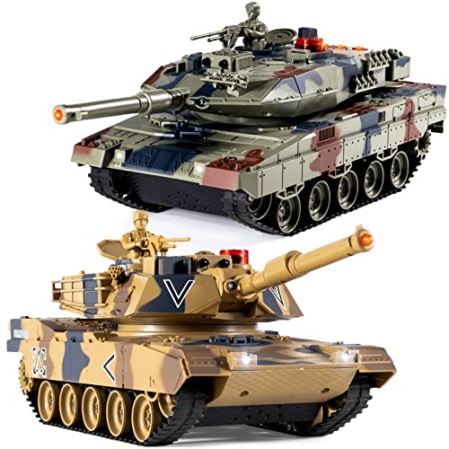 Supdex 1/24 RC Battle Tank Set, Remote Control USA M1A2 and Ger Leopard II Army Tank That Shoots for Kids and Adults, 2.4G Tank Model Toy for Boys Age 6+ Year Old with Sound Effects, Lights and Smoke