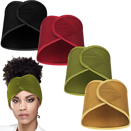 4 Pieces Foam Mesh Wrap Facial Spa Headbands Hair Wraps Hair Nets for Women Sleeping Hair Wrap Scarf Wrap Strips for African Women, Washing Face, Makeup (Black, Wine Red, Khaki, Light Green)