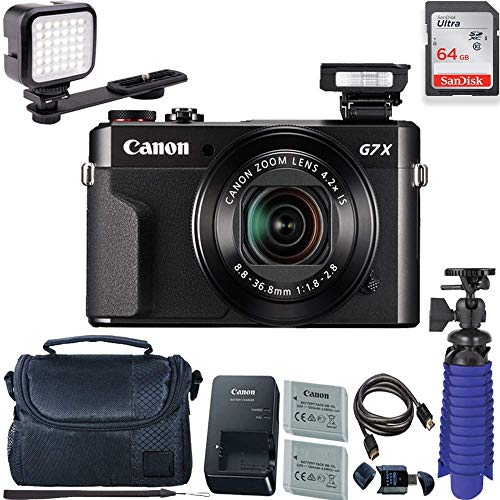 Canon PowerShot G7 X Mark II Digital Camera with 64 GB Card + LED Compact On-Camera Light + Premium Camera Case + 2 Batteries + Tripod (Renewed)