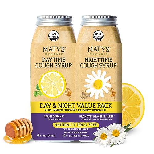Matys Organic Adult Cough Syrup Day & Night Value Pack for Adults & Children 12 Years + Up, Soothing Daytime & Nighttime Cough Relief w/Organic Honey & Zinc, Alcohol & Drug Free, 2 Pack, 6 Fl Oz Each