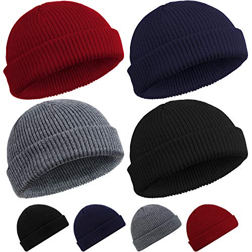 SATINIOR 4 Pieces Trawler Beanie Watch Hat Roll up Edge Skullcap Fisherman Beanie Unisex