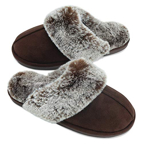 Womens Slipper Fuzzy Fluffy House Slippers Faux Fur Cozy Warm Soft Indoor Shoes Memory Foam Anti-skid Rubber Sole Coffee 7-8