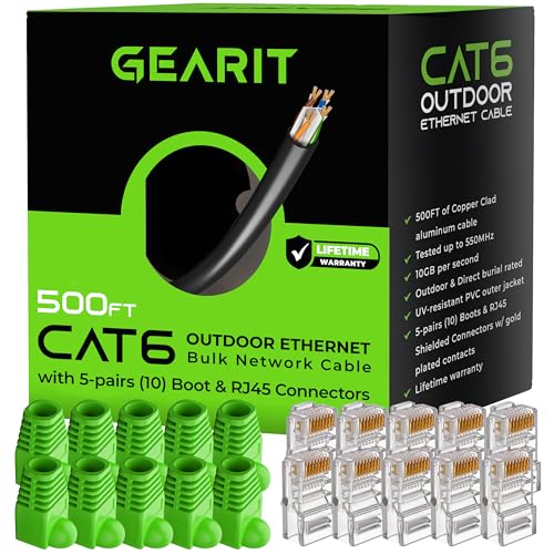 GearIT Cat6 Outdoor Ethernet Cable (Cat 6 DIY Bulk Kit - 500 Feet Cable | x10 RJ45 | x10 Boot) CCA Copper Clad, Waterproof, Direct Burial, In-Ground, UV Jacket, POE, Network, Internet - 500ft