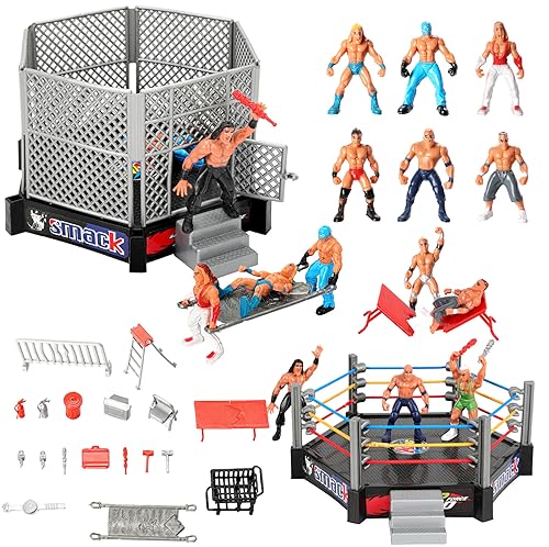 HAPTIME 32 Pcs Wrestling Toys for Kids, Mini Wrestlers Playset with 12 Wrestling Action Figures, 2 Wrestling Ring, Many Realistic Accessories, Birthday Gift for Boys and Girls, Great for Cake Toppers